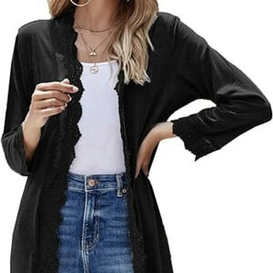 Women's Cardigan 3/4 Sleeve  Open Front Lace Wrap‎ Long Duster Cardigan